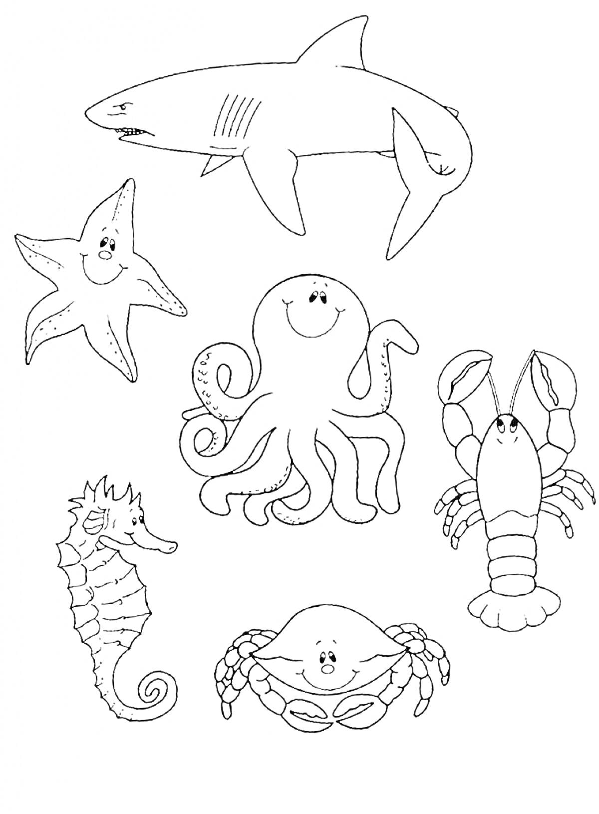 Раскраска Морские обитатели: акула, морская звезда, осьминог, омар, морской конёк, краб