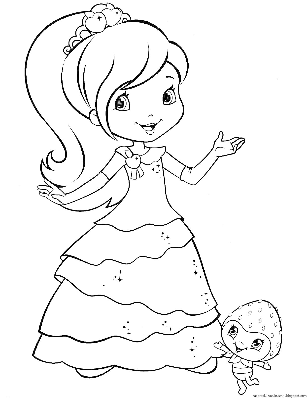 На раскраске изображено: Принцесса, Девочка, Малыш, Клубника, Платье, Длинные волосы