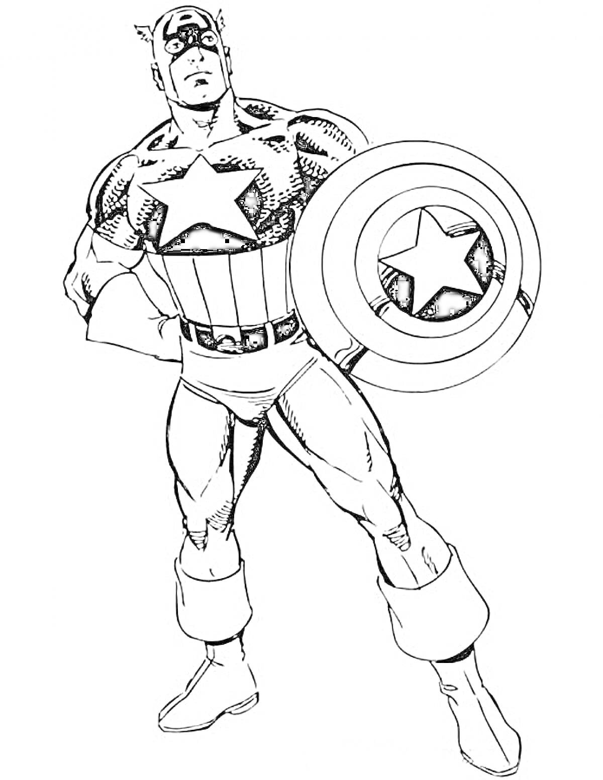 На раскраске изображено: Капитан америка, Щит, Боевой костюм, Персонаж, Звезды, Комиксы, Супергерои
