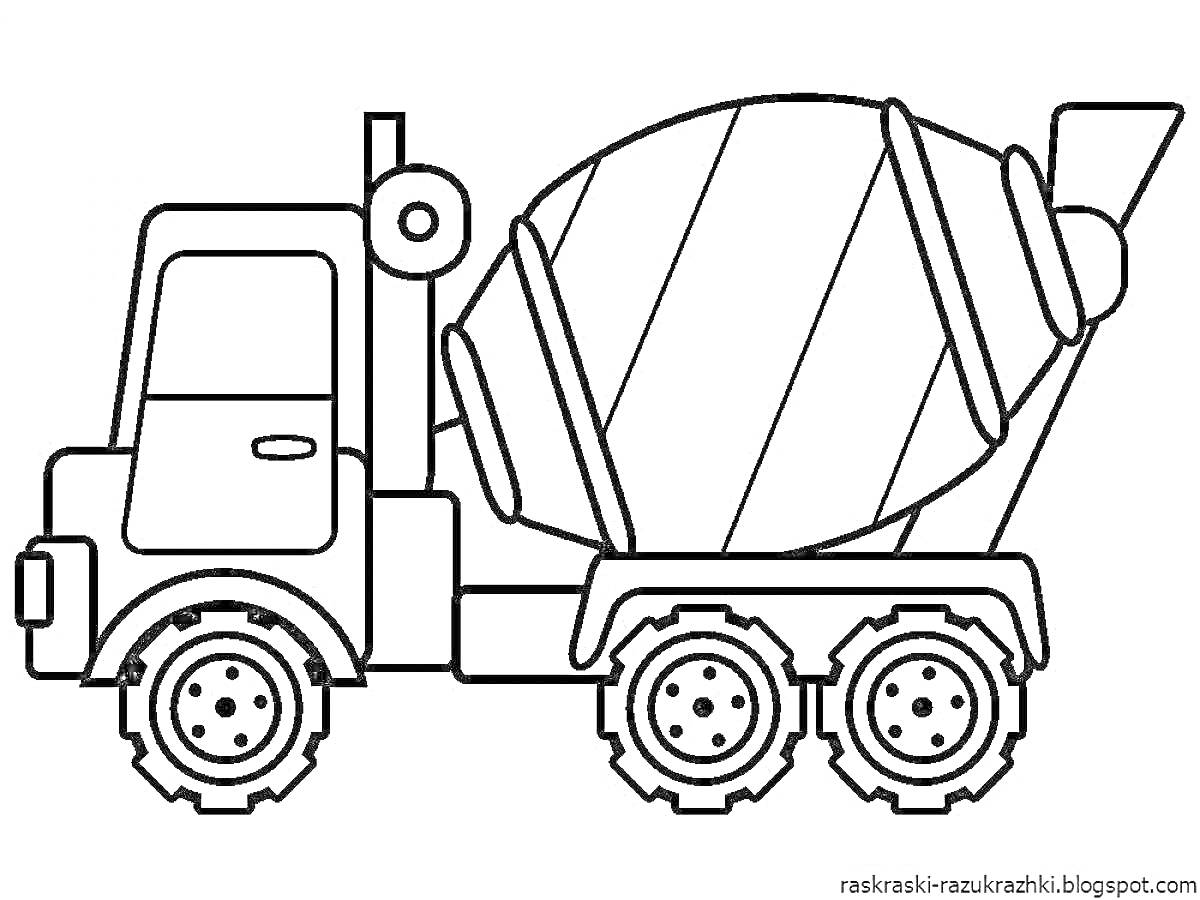 На раскраске изображено: Бетономешалка, Строительная техника, Колёса, Барабан, Цемент, Строительство