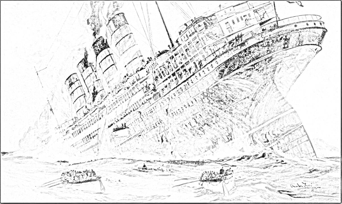 На раскраске изображено: Титаник, Корабль, Авария, Крушение, Спасательные шлюпки, Дым, Волны, Трагедия