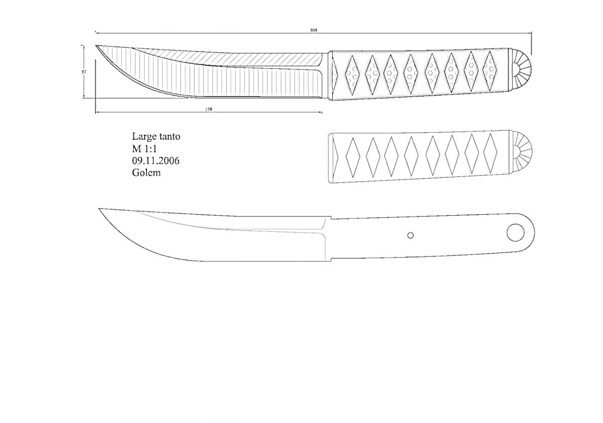 Раскраска Чертеж ножа с рукояткой в стиле танто