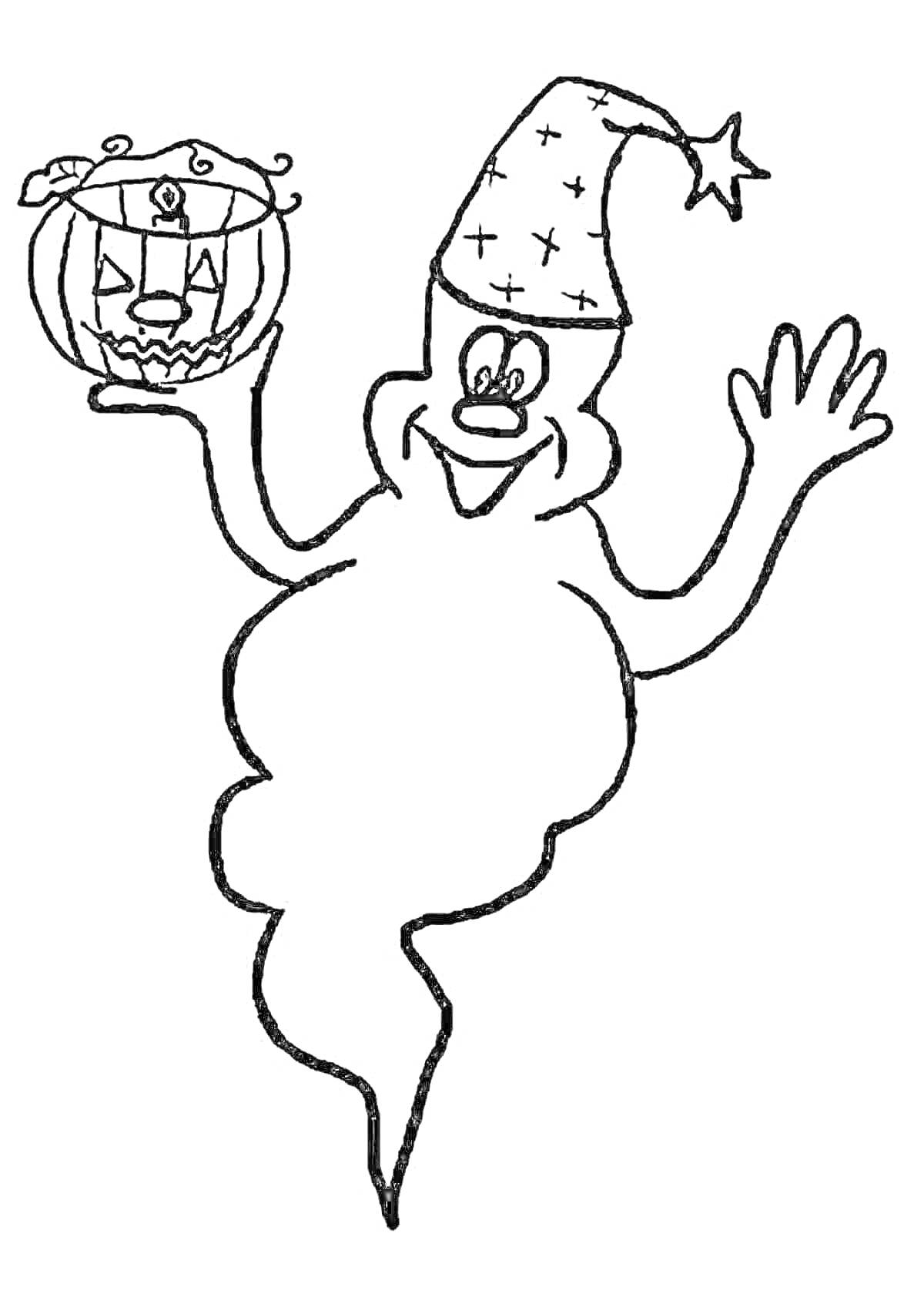 На раскраске изображено: Привидение, Колпак, Хэллоуин, Поднятая рука, Звёздочки, Для детей