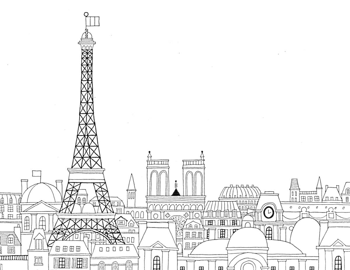 Раскраска Парижские достопримечательности с Эйфелевой башней и Собором Парижской Богоматери