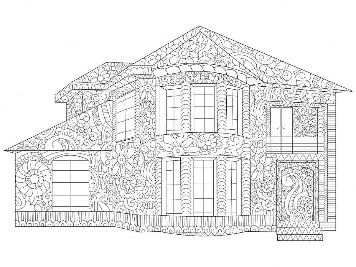 Раскраска Двухэтажный дом с декоративными узорами, окнами и лестницей