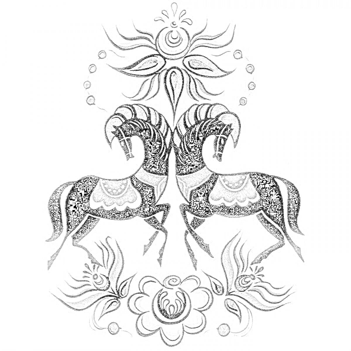 Раскраска Городецкая роспись - два коня, цветок, круги, листья