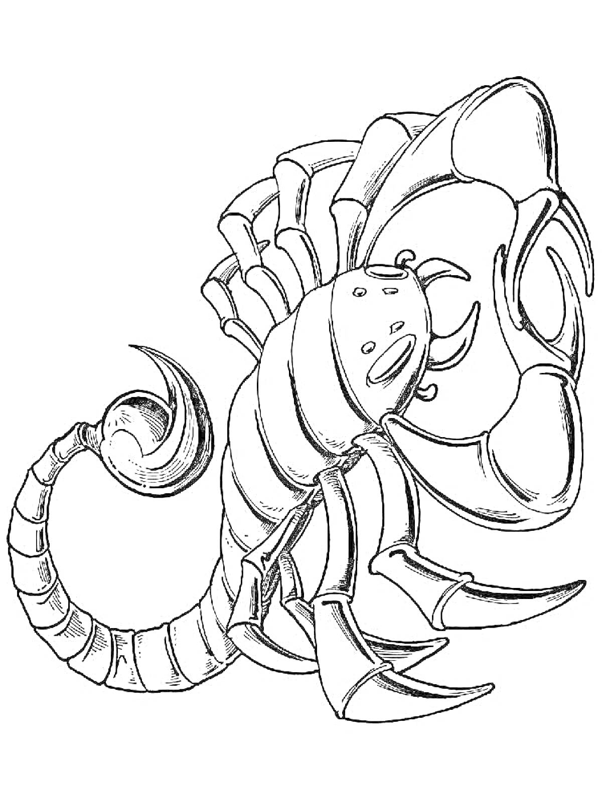 Раскраска Скорпион с поднятым хвостом и раскинутыми клешнями