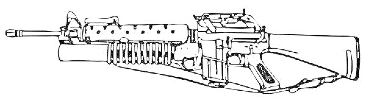 На раскраске изображено: Гранатомет, Оружие, Складной приклад, Оптический прицел, Военная техника