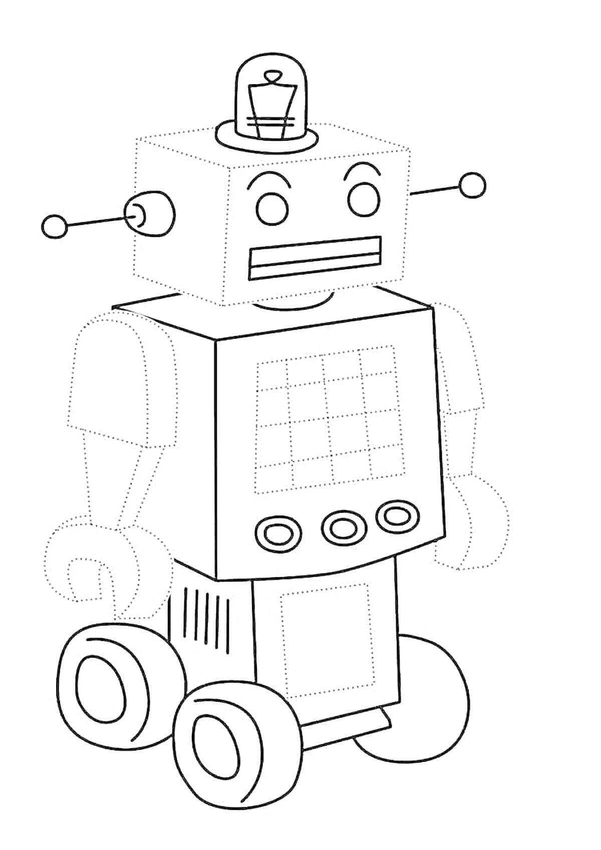 На раскраске изображено: Робот, Антенны, Колёса, Кнопки, Для малышей, Печать