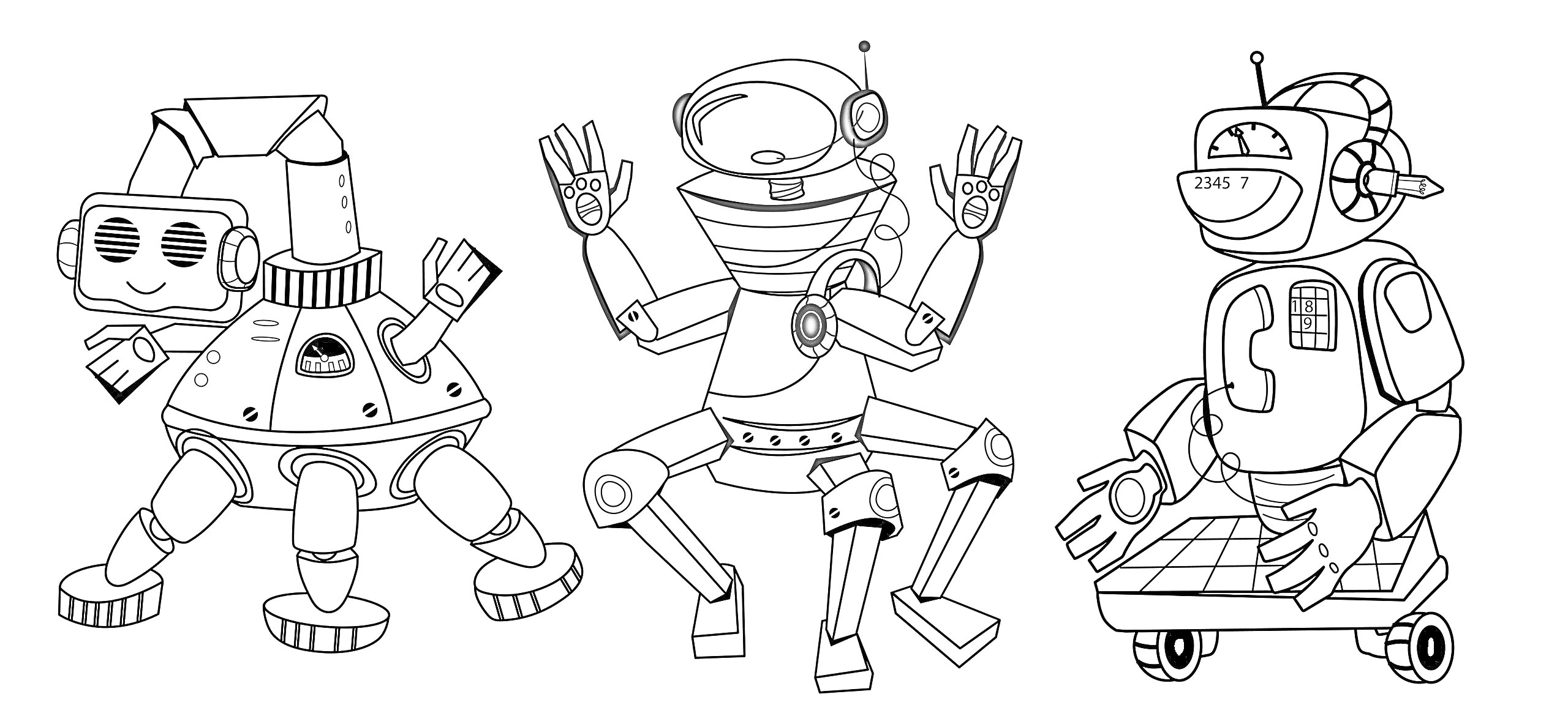Раскраска Три робота учителя, каждый с поднятыми руками (разные позы и конструкции)