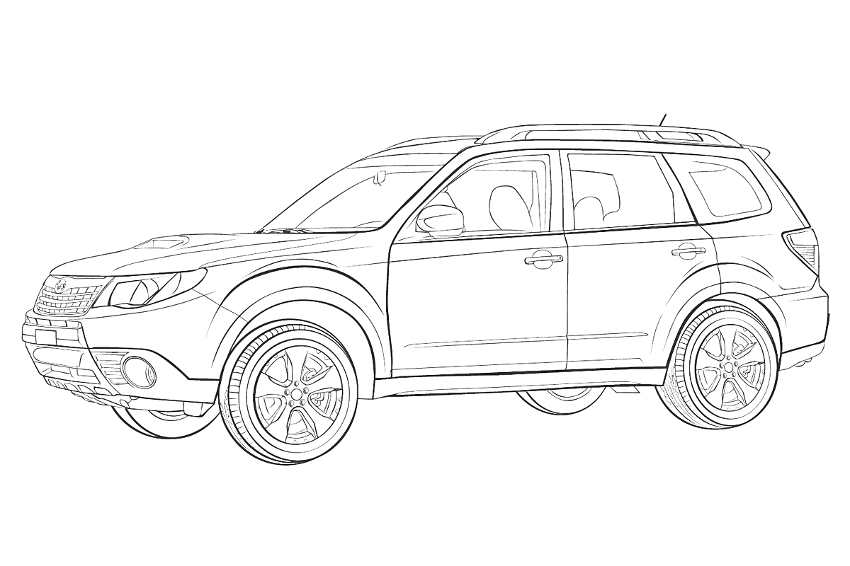 Раскраска Subaru Forester с открытым капотом колесами и рулем