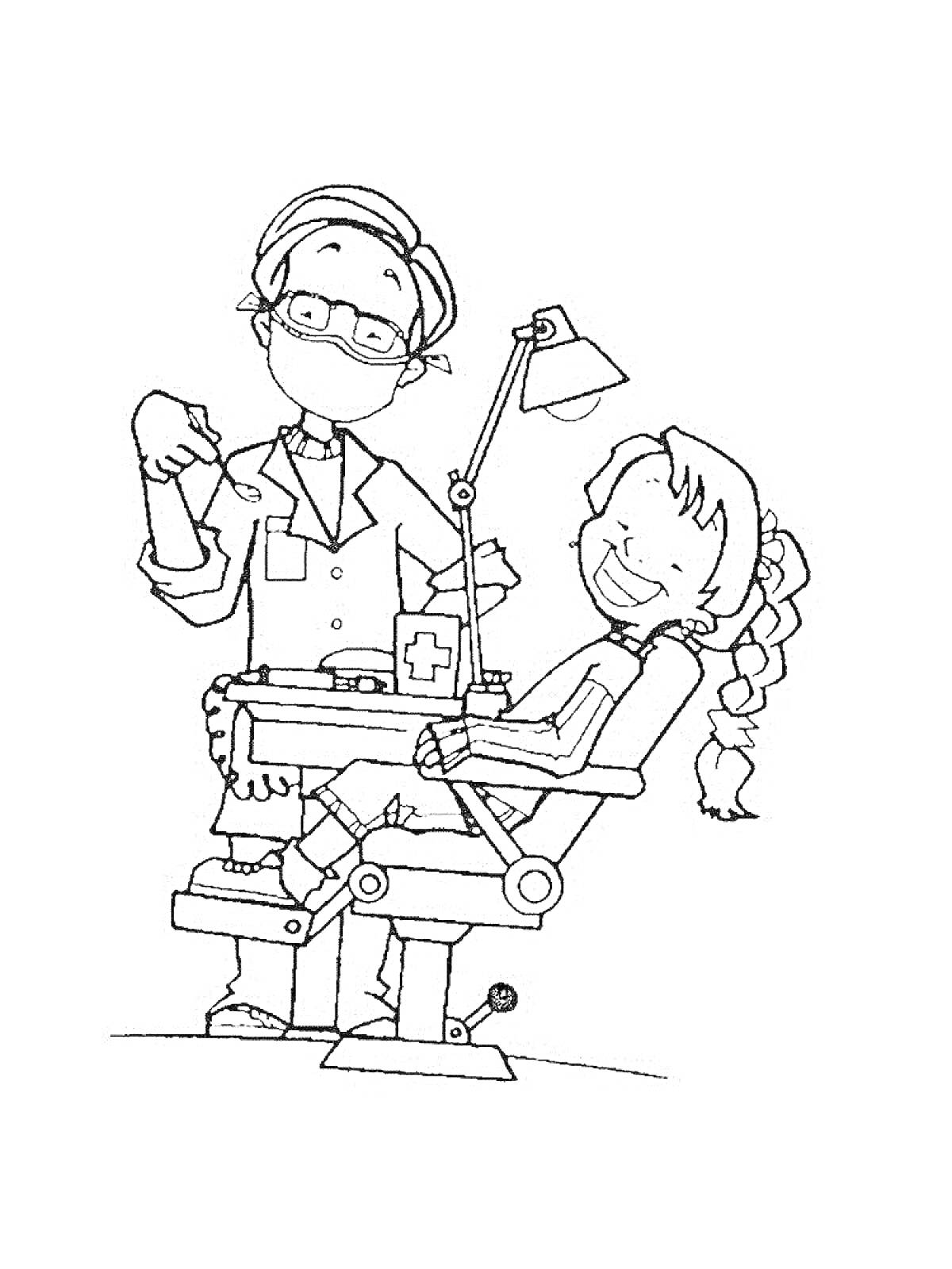 На раскраске изображено: Стоматолог, Пациент, Стоматологическое кресло, Медицинская маска, Лампа, Медицинский кабинет