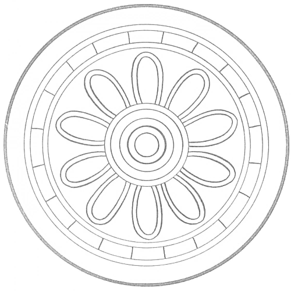 Раскраска Мандала с центральным цветком и концентрическими кругами
