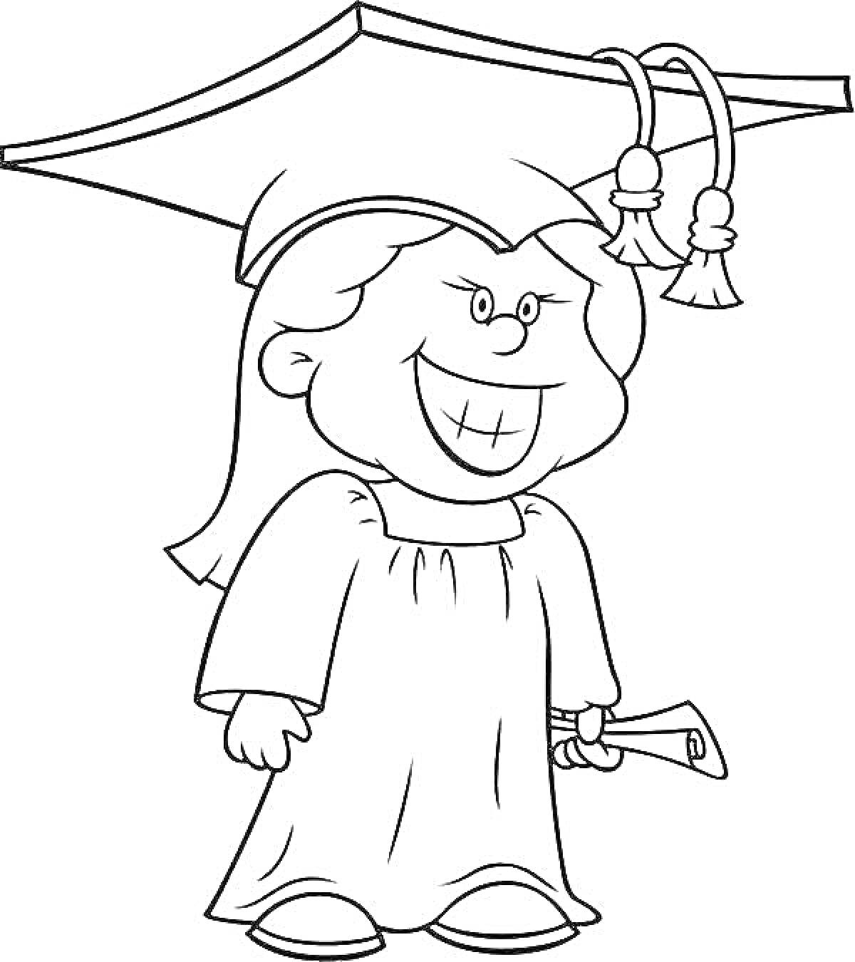 Раскраска Студентка в академической шапочке с дипломом в руке