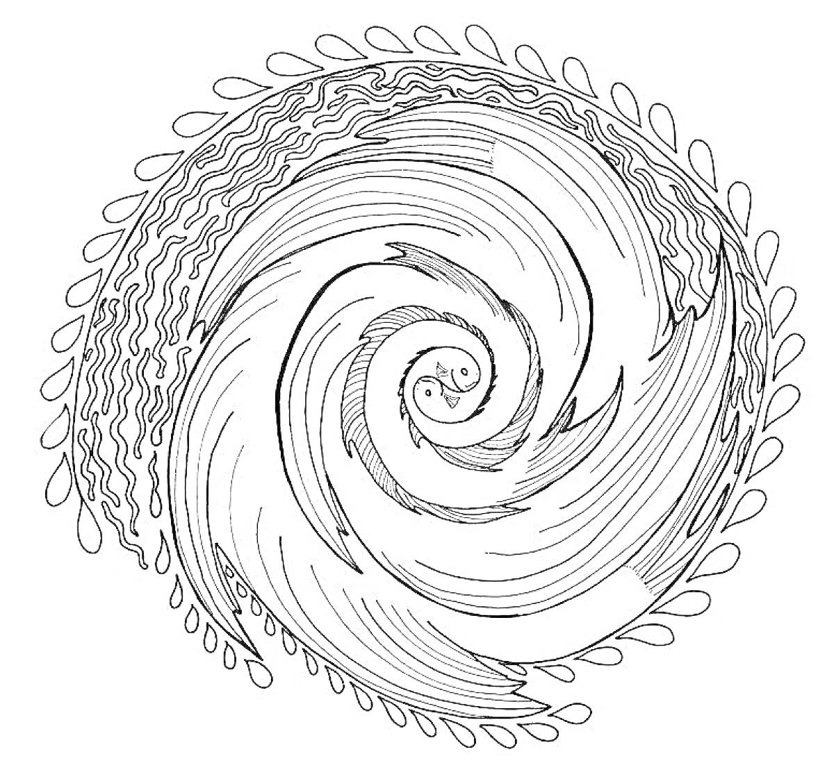 На раскраске изображено: Спираль, Капли, Волнистые линии, Узоры, Абстракция