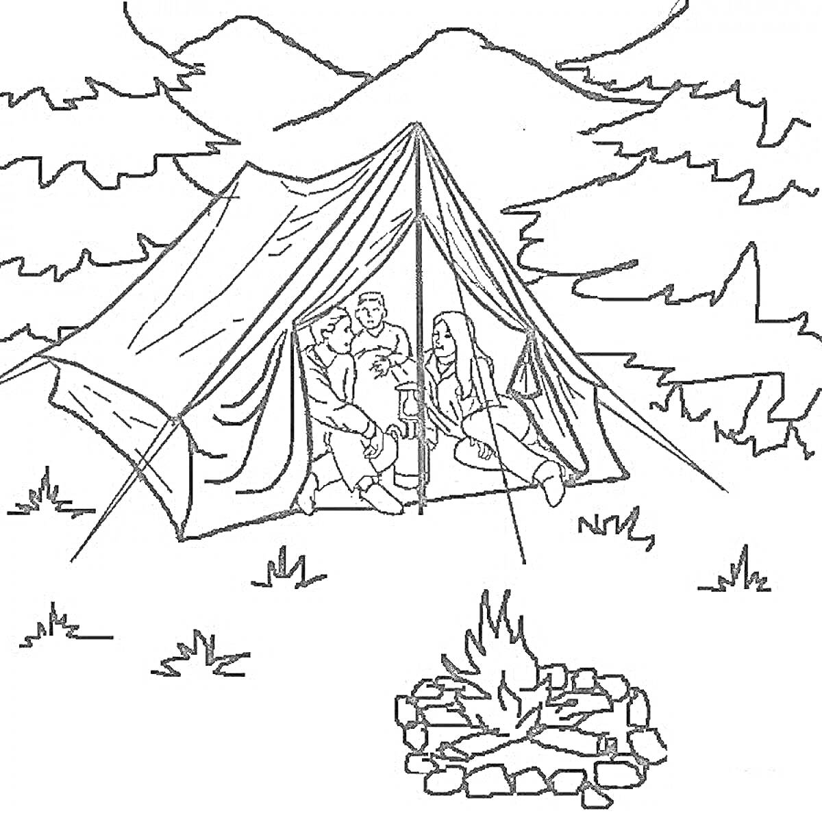 На раскраске изображено: Палатка, Костер, Природа, Деревья, Горы, Поход