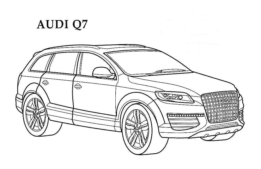 На раскраске изображено: Audi Q7, Внедорожник, Транспорт, Колёса, Audi, Авто