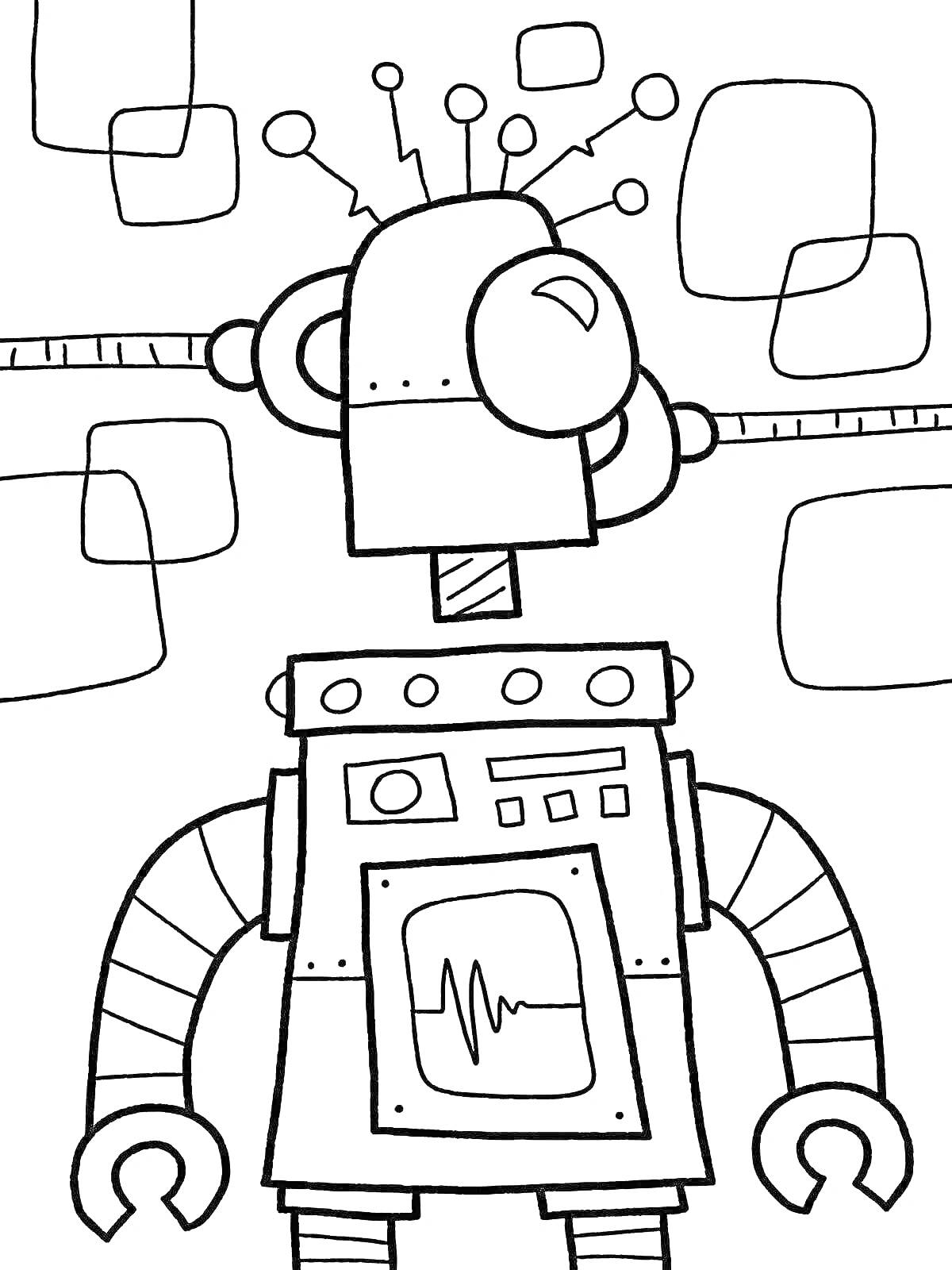 На раскраске изображено: Робот, Антенны, Экраны, Прямоугольники, Фон, Техника, Для малышей