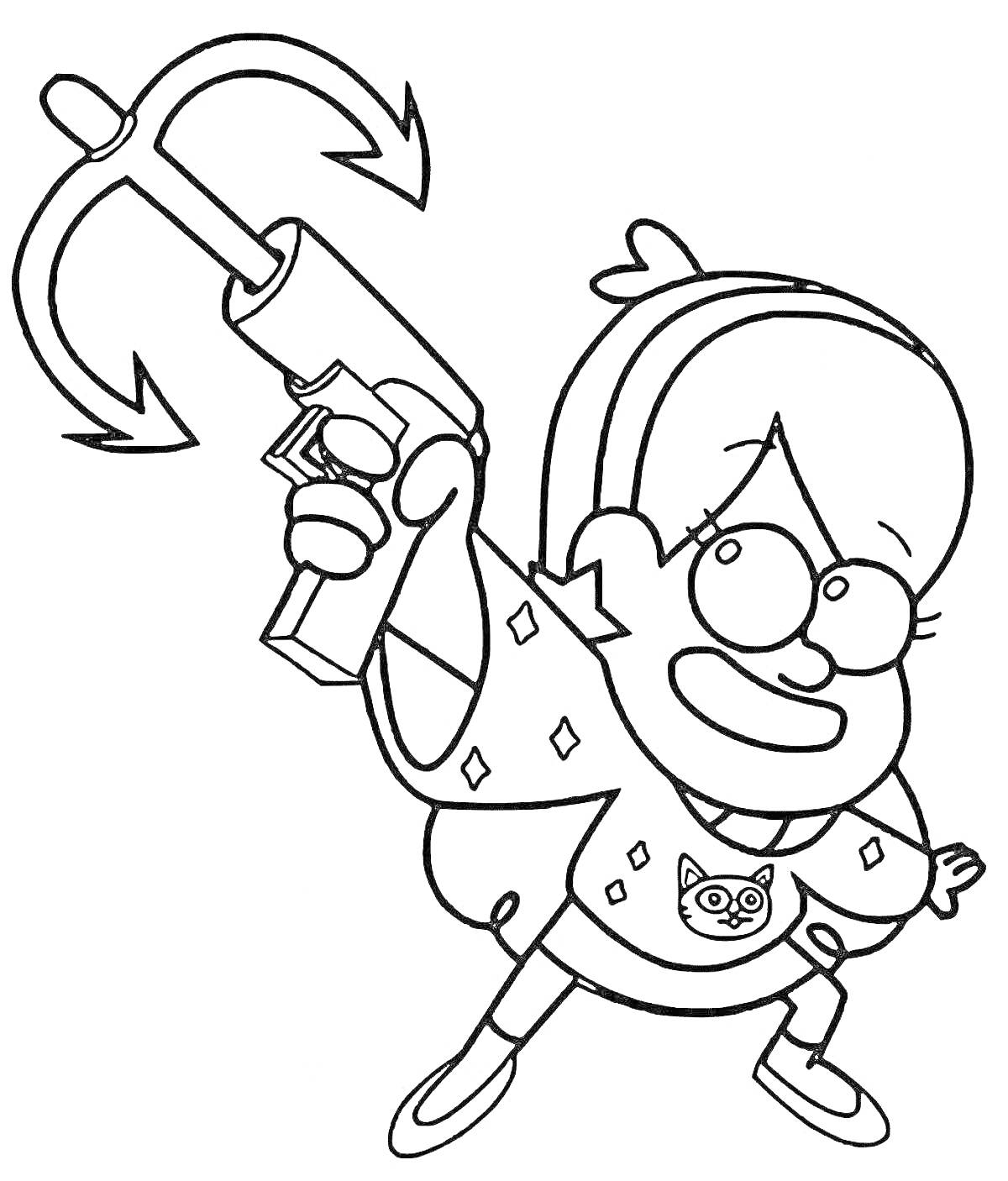 Раскраска Девочка в свитере с совой, держащая гарпун-пистолет