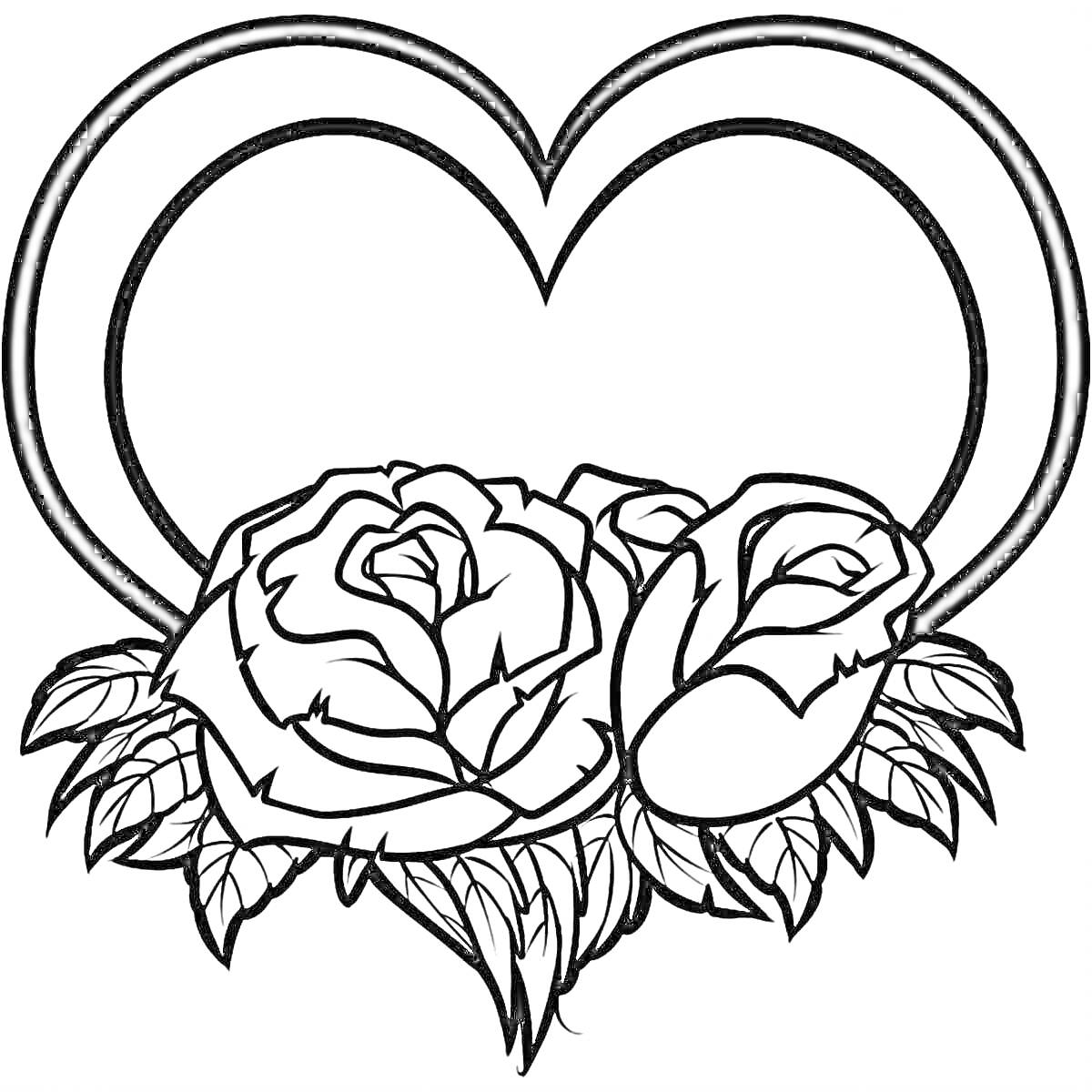 На раскраске изображено: Розы, Цветы, Открытка, Листья, Любовь, Контурные рисунки, Сердца