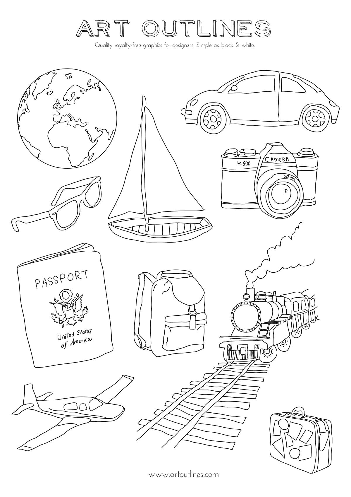 На раскраске изображено: Глобус, Фотоаппарат, Солнцезащитные очки, Паспорт, Рюкзак, Поезд