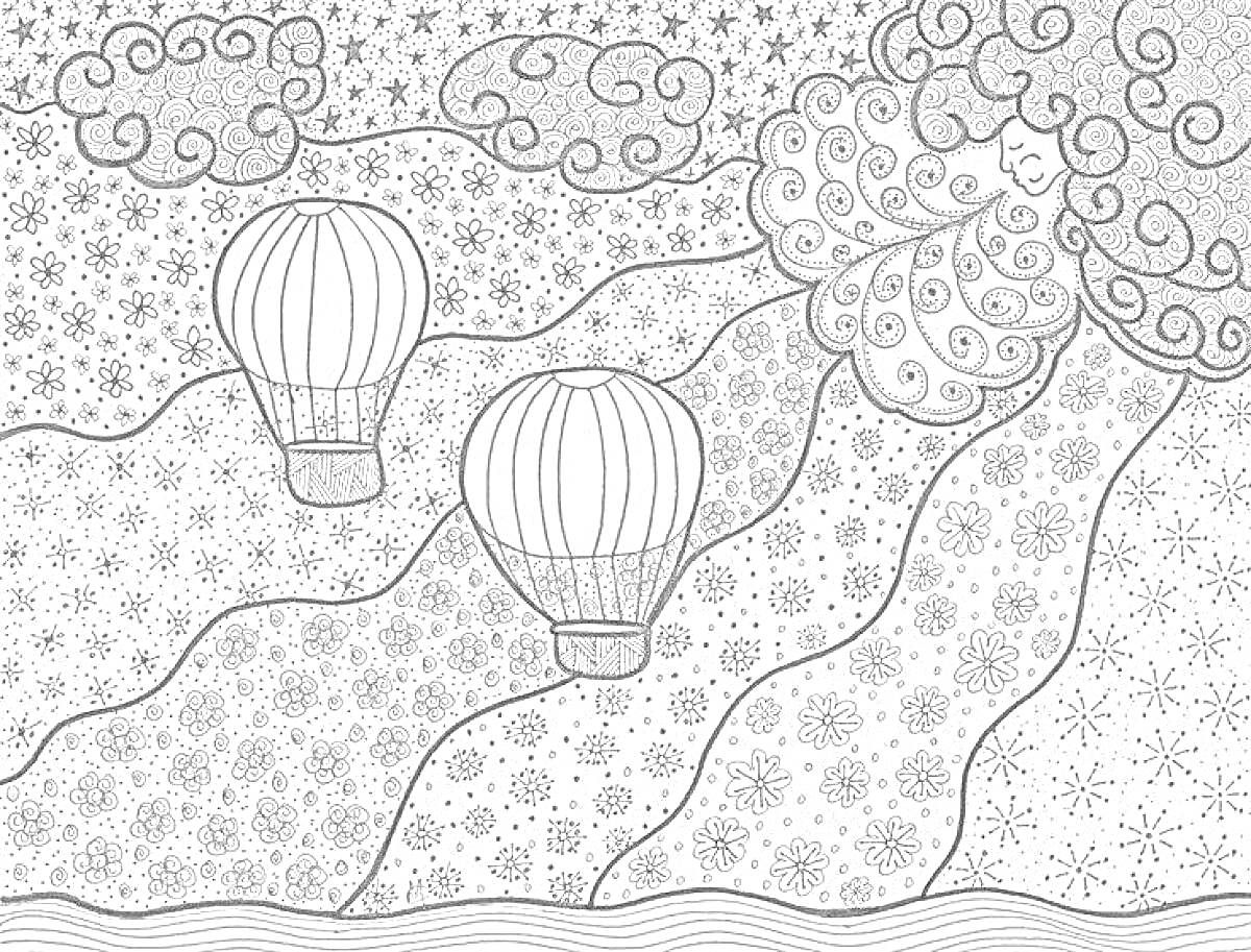 На раскраске изображено: Зендудл, Воздушные шары, Облака, Звезды, Ветер, Узоры, Антистресс