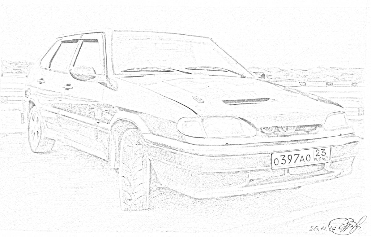 Раскраска Черно-белая раскраска автомобиля ВАЗ-2114 на фоне дороги и ограждения. На рисунке видно автомобиль с номерами, фары, передний бампер, капот с воздухозаборником, диски, шины и боковые зеркала.