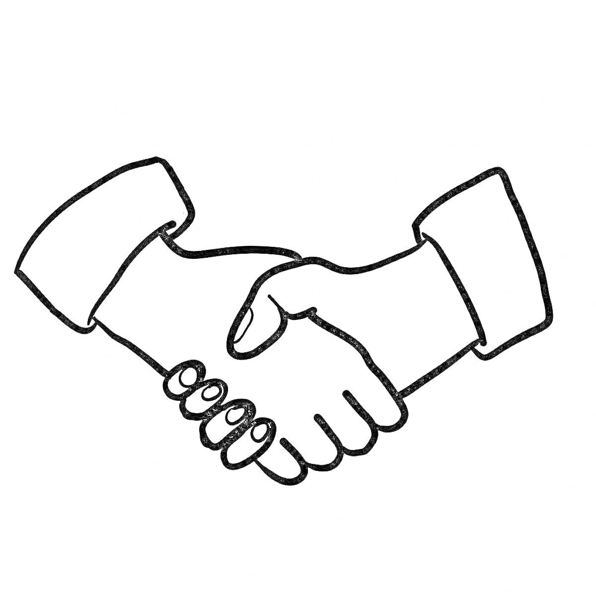 На раскраске изображено: Рукопожатие, Руки, Рубашки, Дружба, Сотрудничество, Приветствие