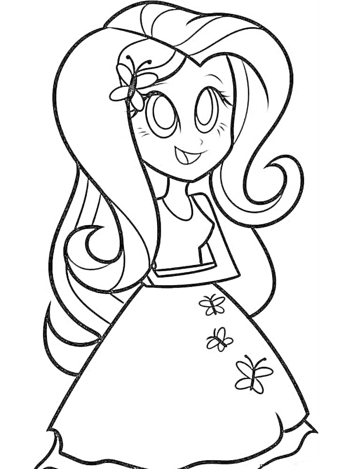 Раскраска Девушка с длинными волосами и цветами в волосах и на платье