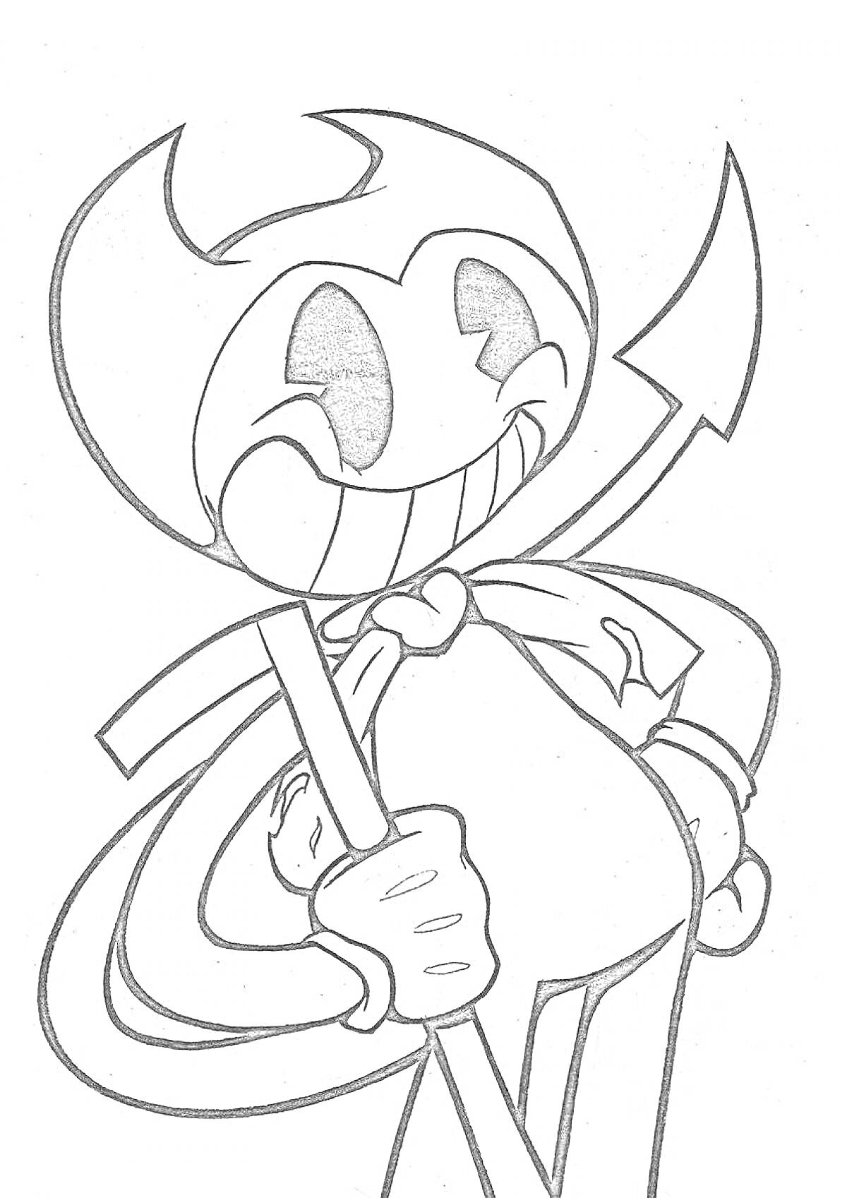 Раскраска Бенди с трезубцем, улыбающийся персонаж в галстуке-бабочке