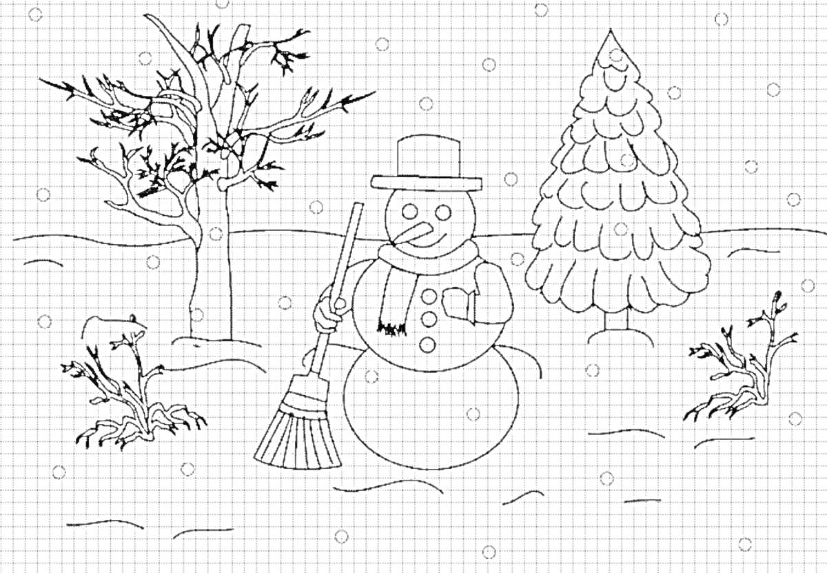 Раскраска снежный человек с метлой и шарфом на фоне зимнего леса с двумя деревьями и кустами, снежный пейзаж с падающими снежинками