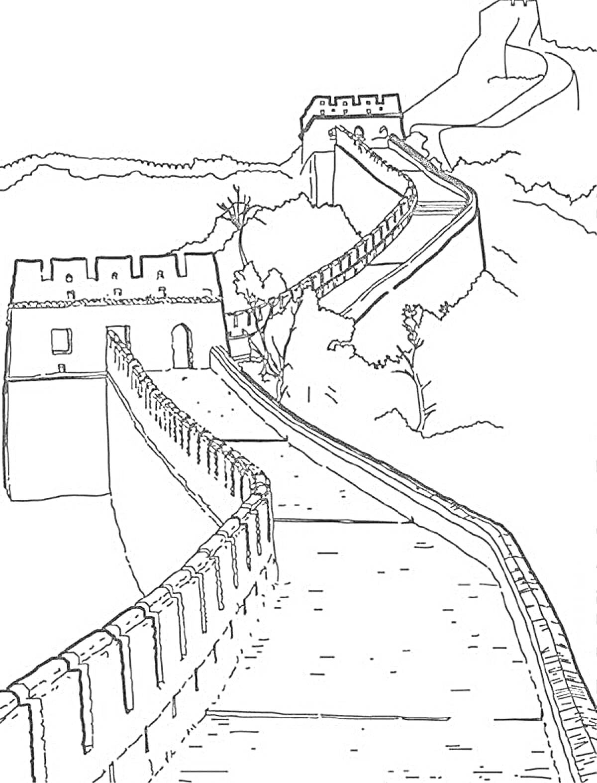 На раскраске изображено: Великая Китайская стена, Башни, Природа, Деревья, Холмы, Архитектура, Китай, Исторический памятник