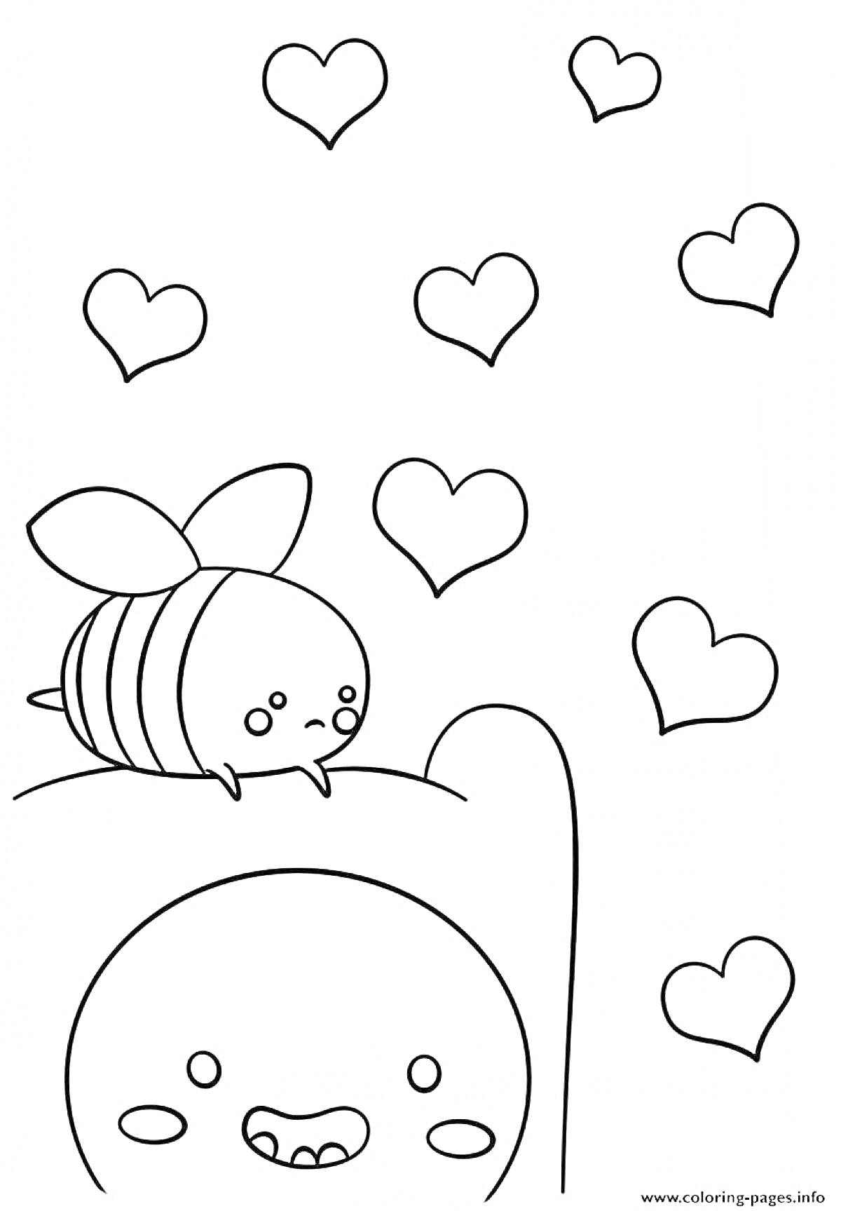 На раскраске изображено: Пчелка, Сердца, Милое лицо, Мультяшный стиль, Мило