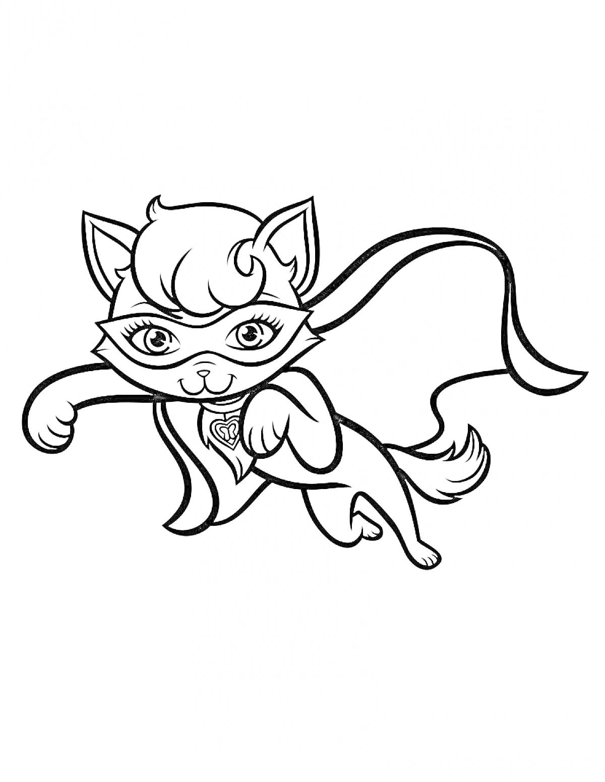 Кошка-супергерой в маске и с плащом, летящая вперёд