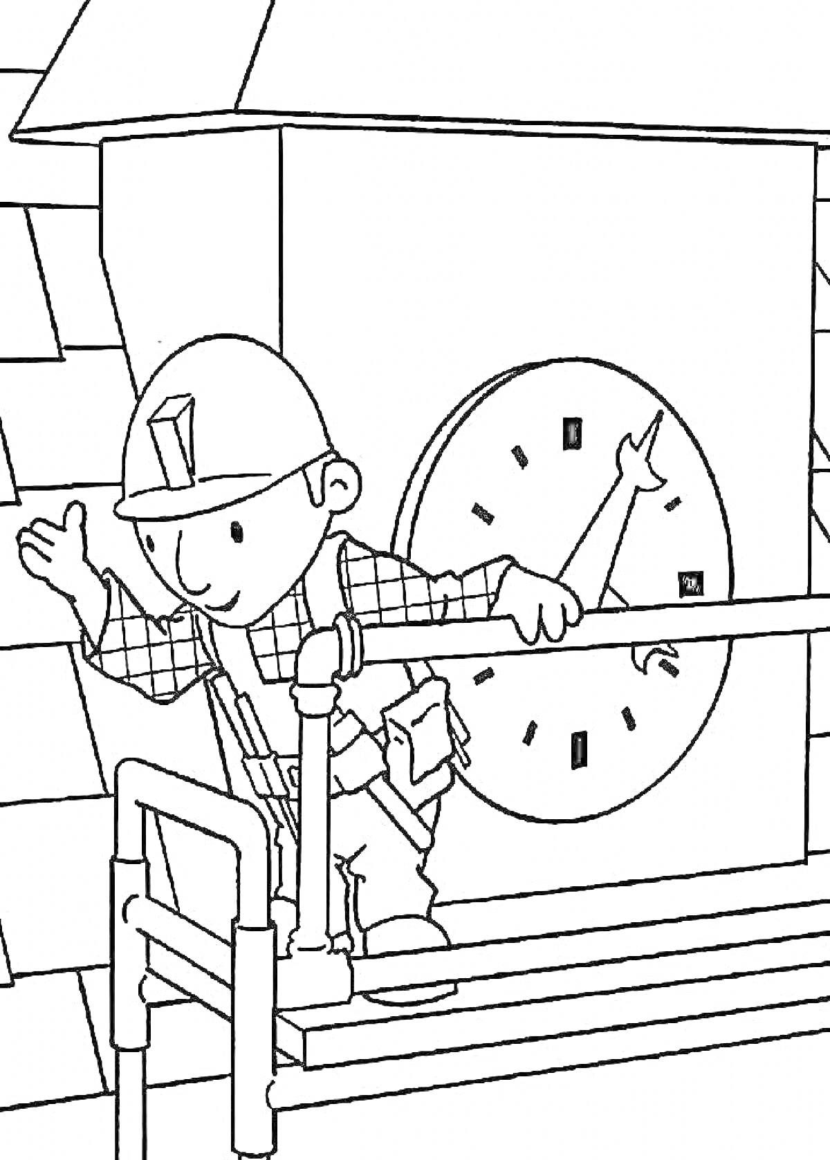 Рабочий на строительных лесах возле часов на стене здания в защитной каске и снаряжении