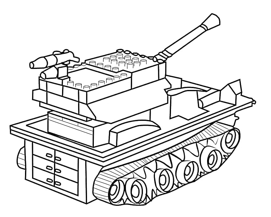 На раскраске изображено: Танк, Кирпичики, Пушка, Гусеницы, Игра