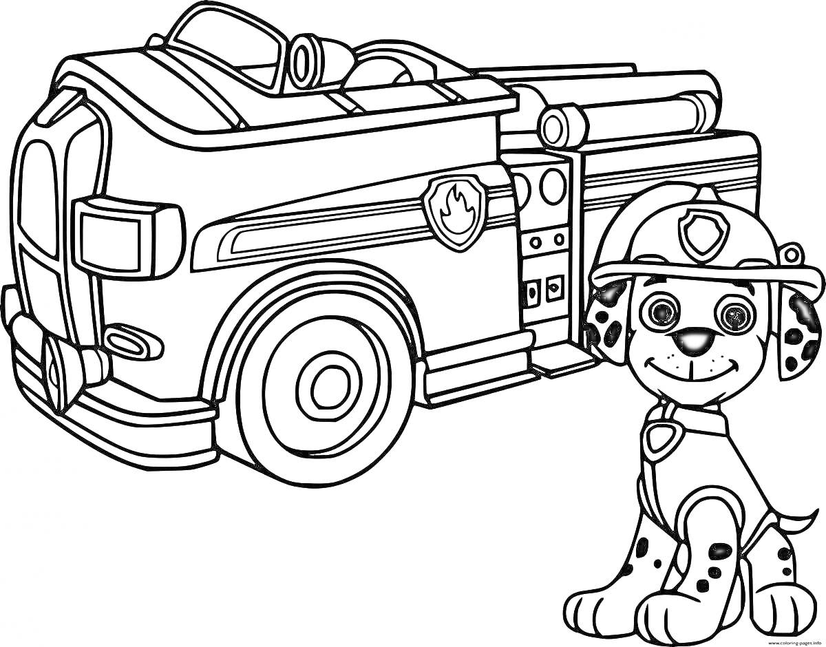 Раскраска Пожарная машина и улыбающийся щенок в пожарной каске