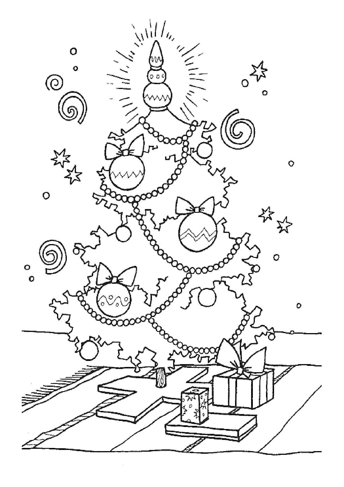 Раскраска Новогодняя елка с украшениями и подарками