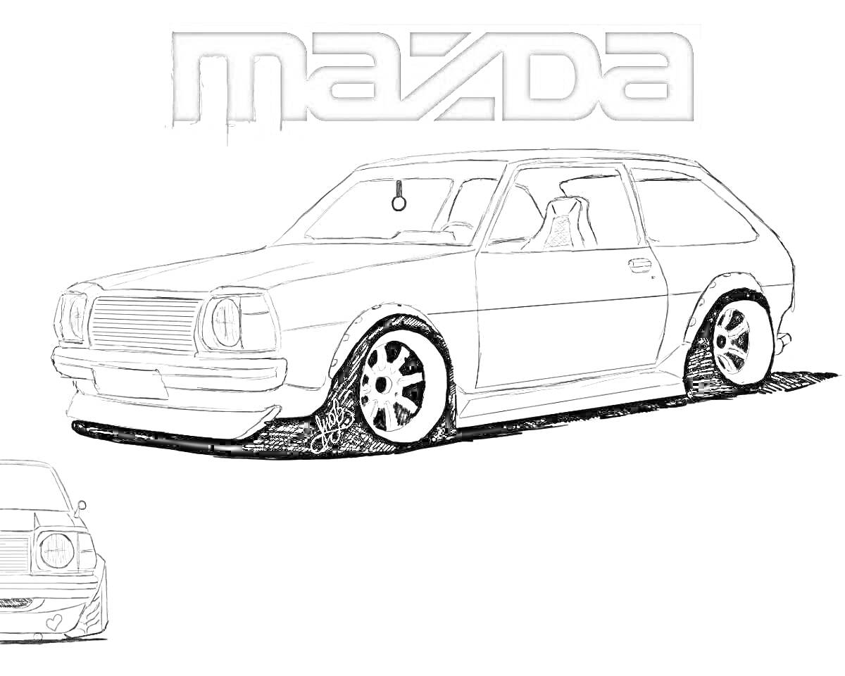 На раскраске изображено: Mazda, Четырка, Тюнинг, Низкий клиренс, Диски