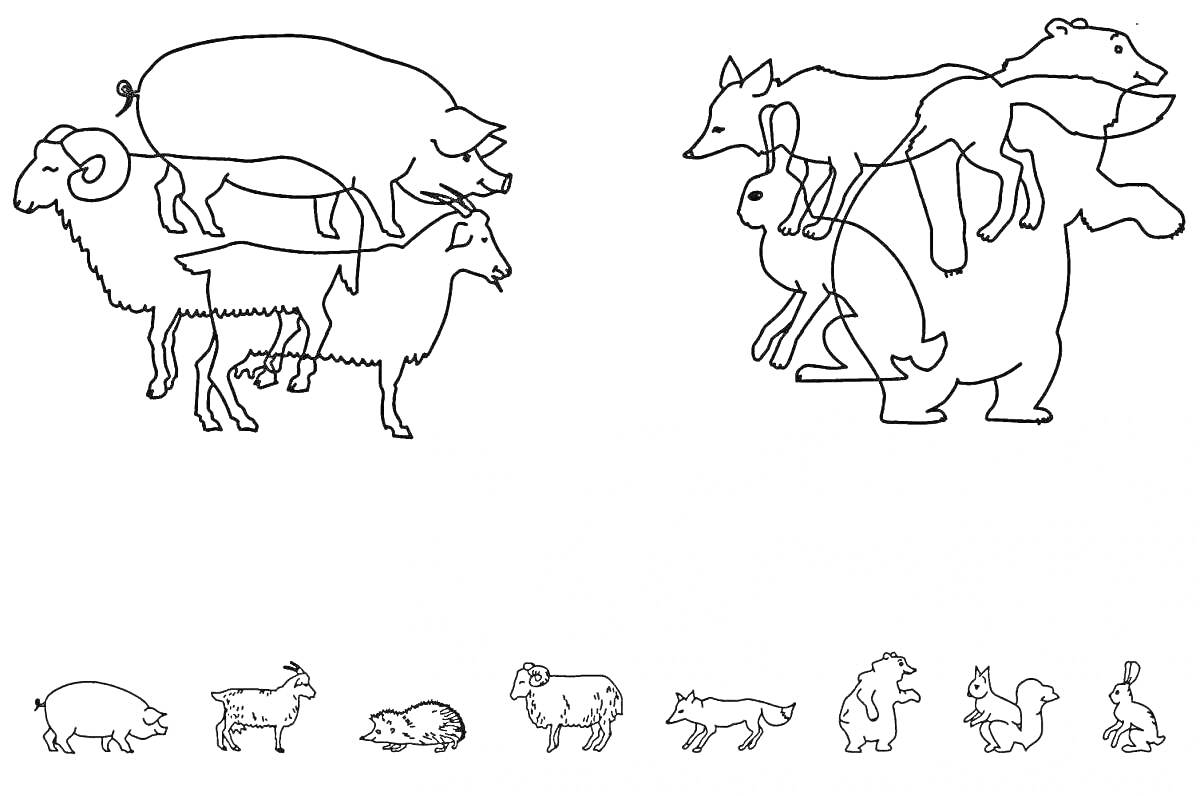 Раскраска Найди домашних животных: свинья, баран, коза, корова, кролик, лошадь