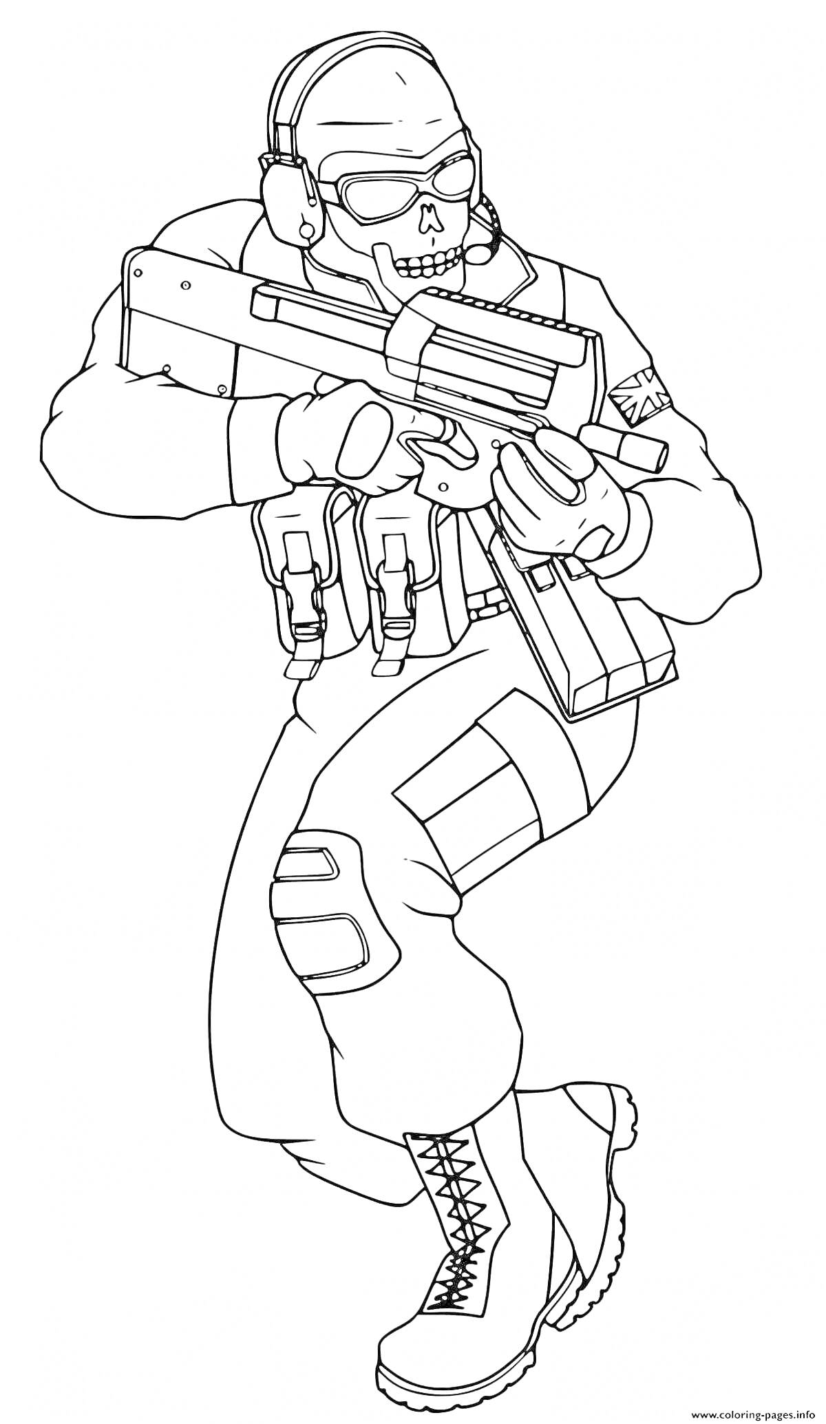 Раскраска Военнослужащий с оружием и черепной маской из игры Standoff 2
