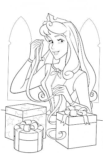 Раскраска Принцесса Аврора, завязывающая подарочную ленту на подарках перед окнами с арочными проемами
