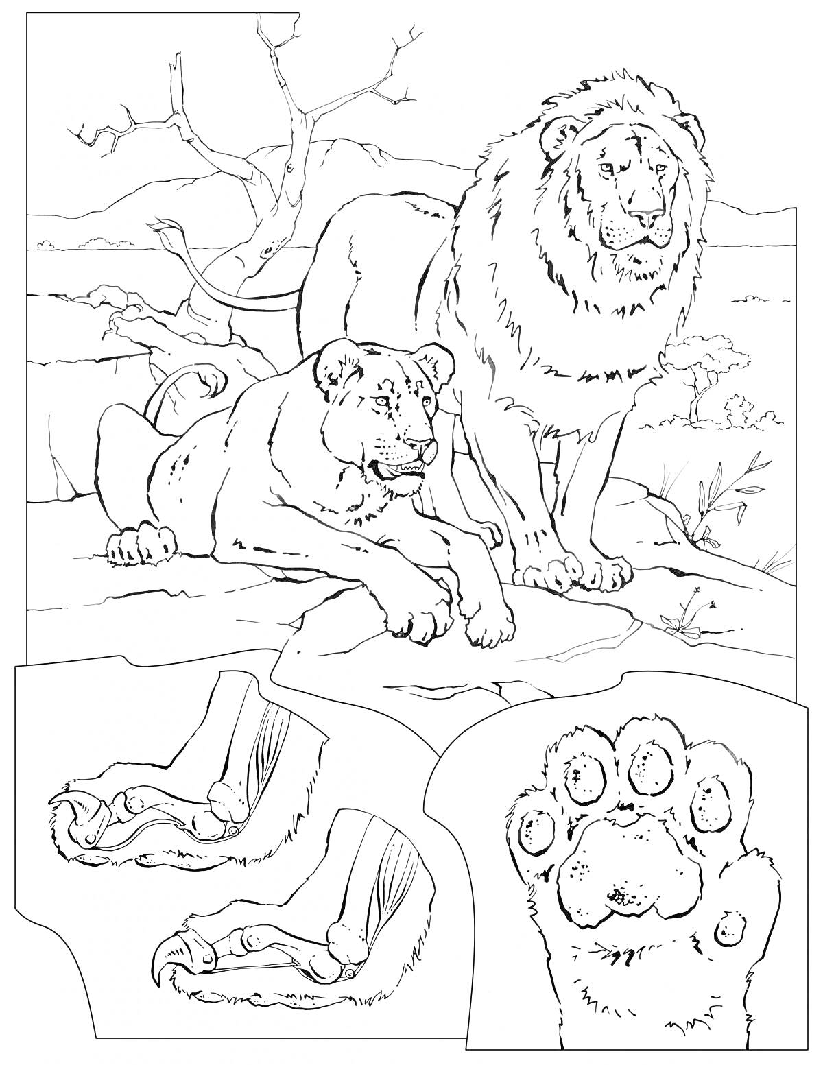 Раскраска Лев и львица на скале с изображениями лап