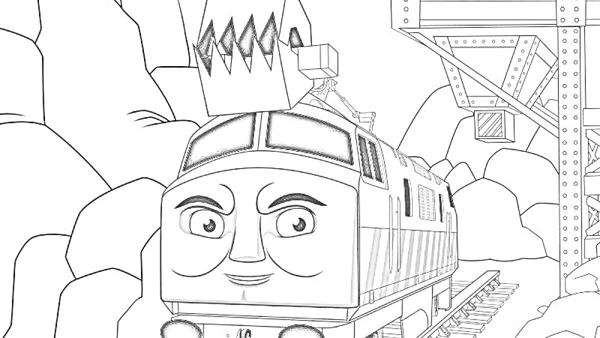 Раскраска Лицевой поезд с ртом-молотилкой в горной местности