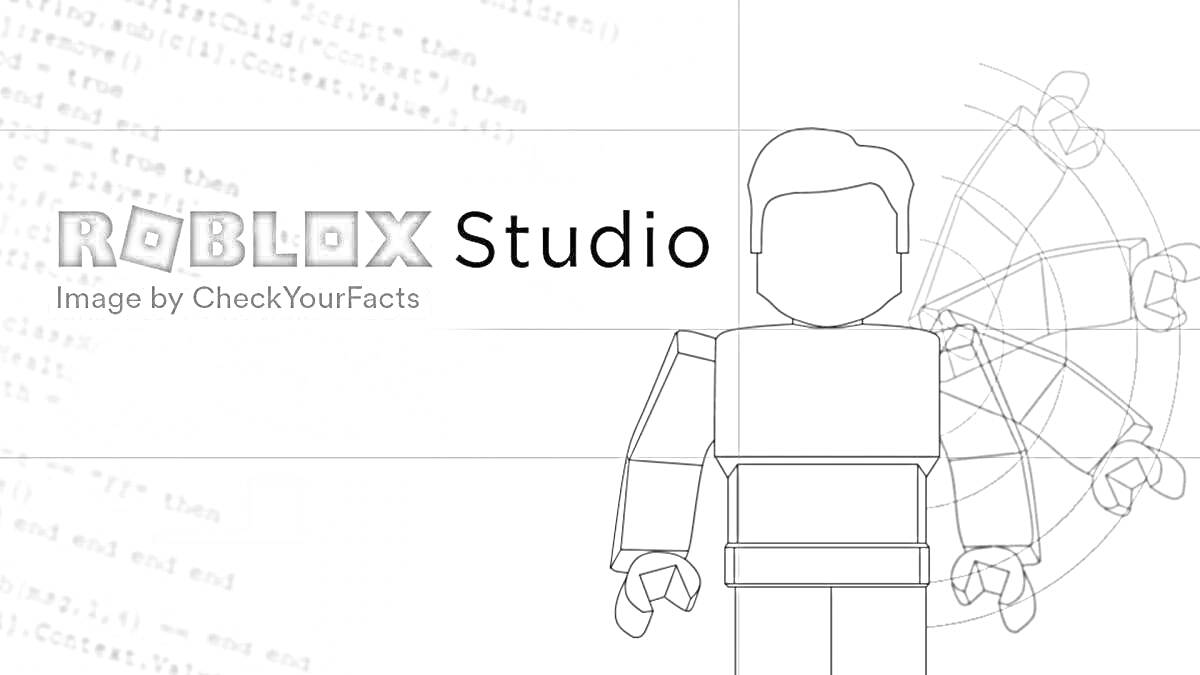 Раскраска Роблокс персонаж с раскинутыми руками на фоне текстового кода Roblox Studio