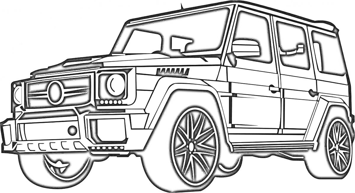 Раскраска Черно-белая раскраска Гелендваген с колесами и деталями кузова