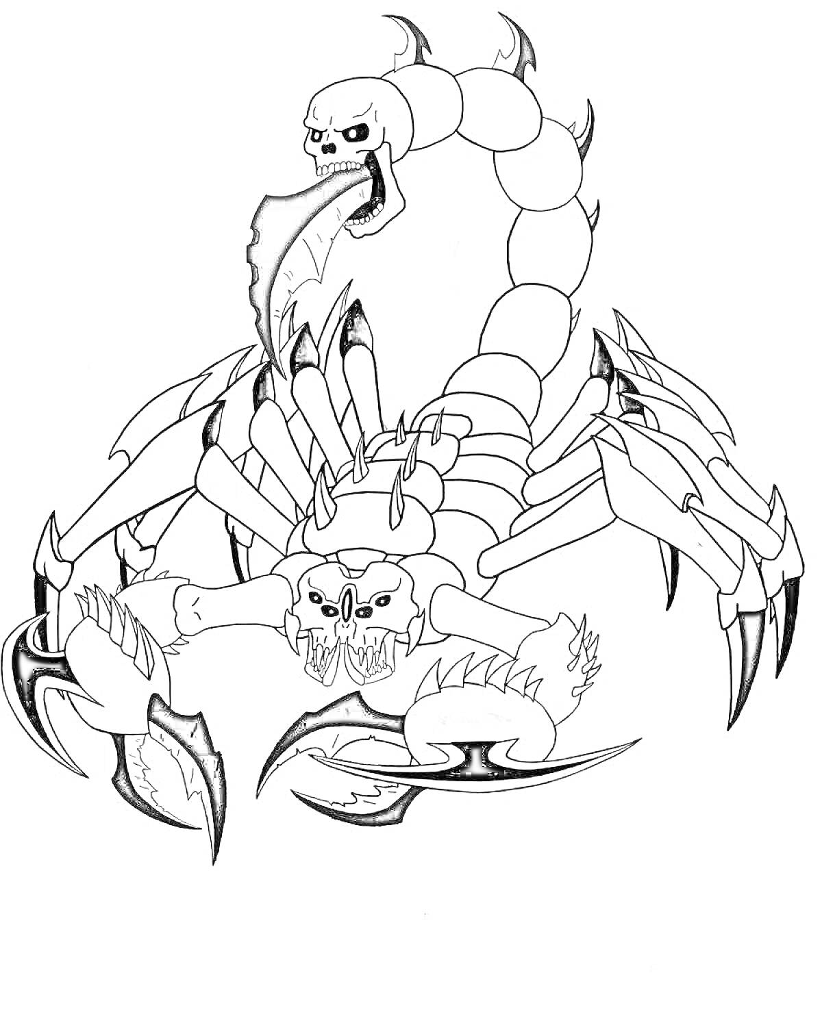 Раскраска Скорпион с черепами и когтистыми лапами