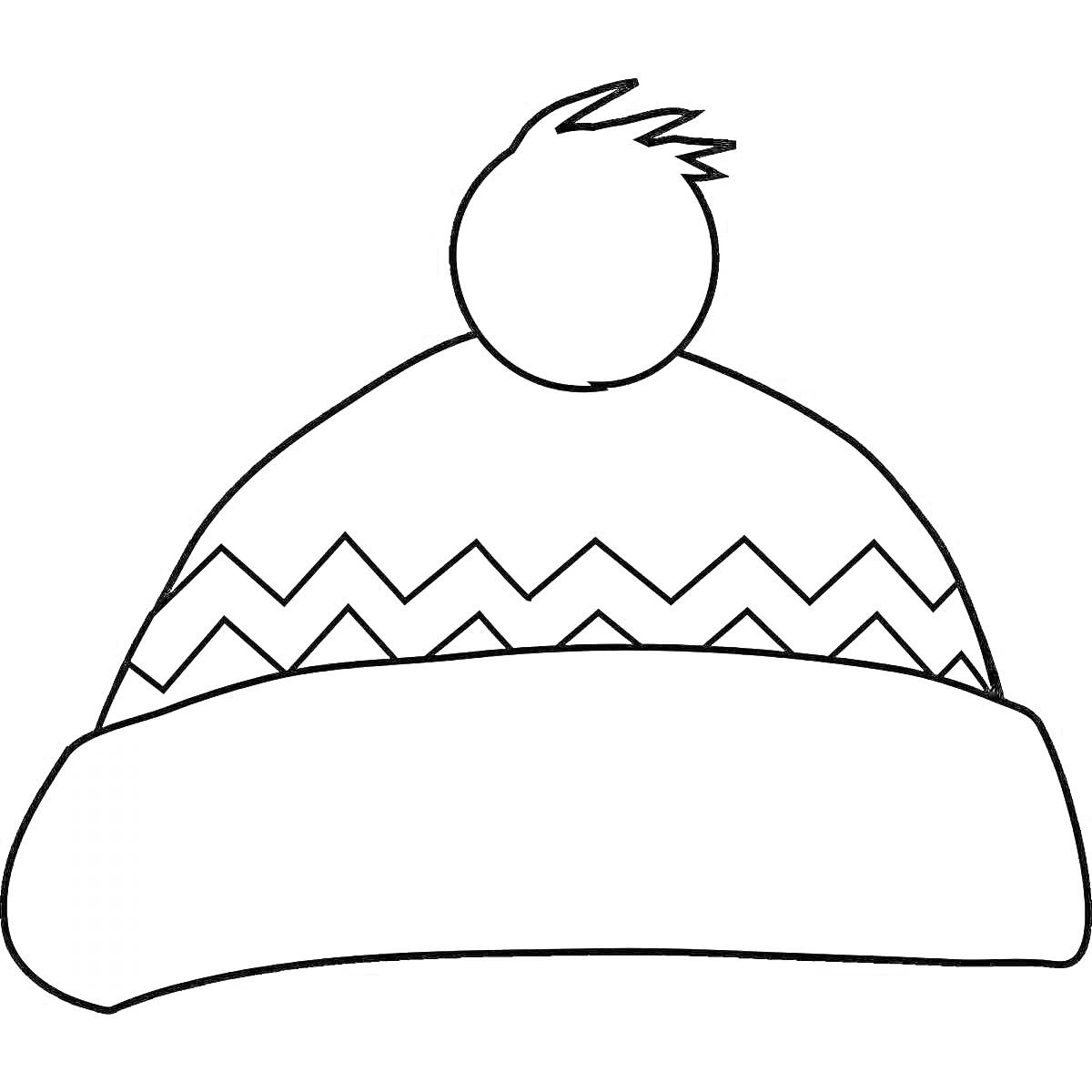 На раскраске изображено: Шапка, Зимняя шапка, Головные уборы, Зигзаги, Помпоны, Узоры