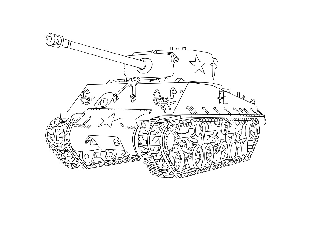 Раскраска Танковая раскраска со звездой на башне, крупным и средним оружием