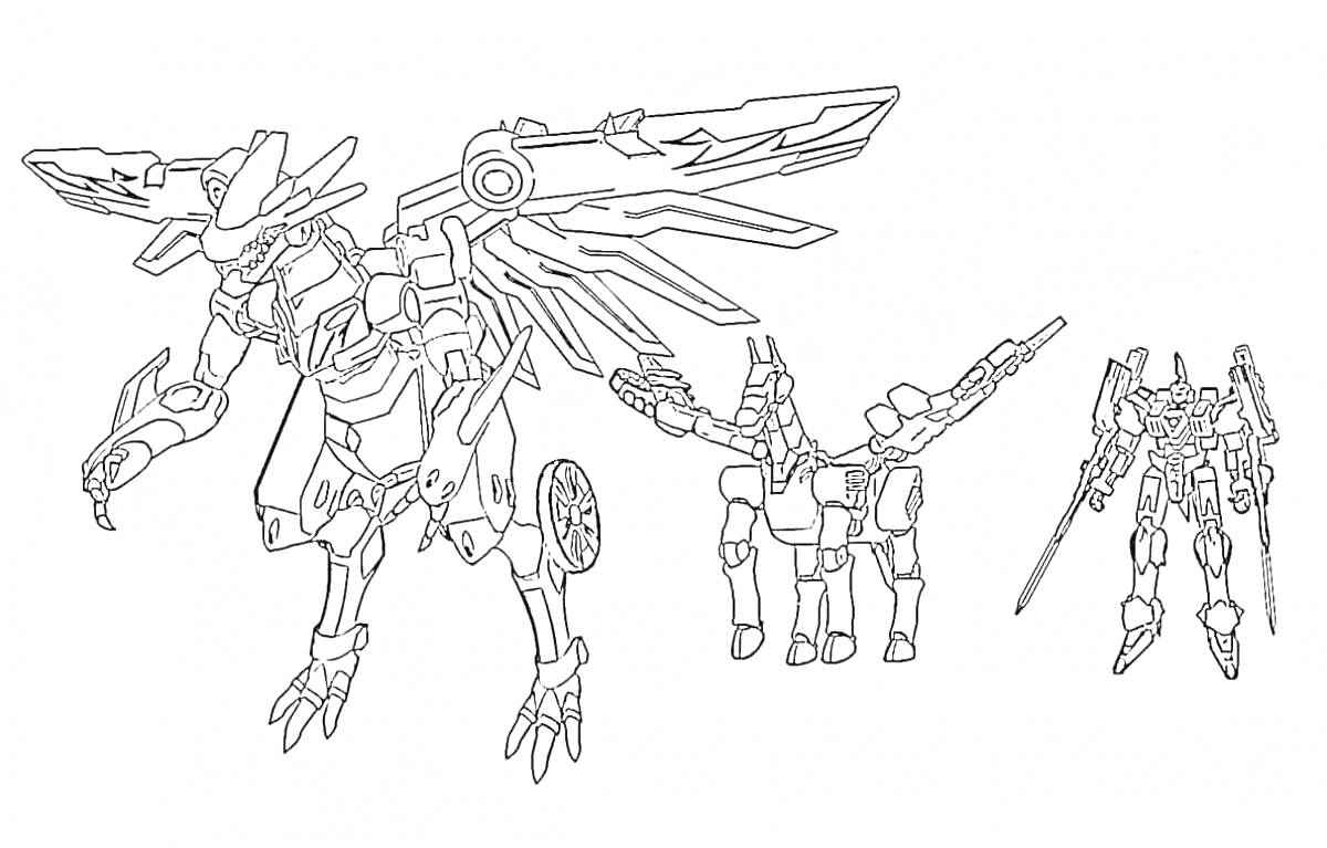 Раскраска Роботы-трансформеры с крыльями и колесами в разных формах